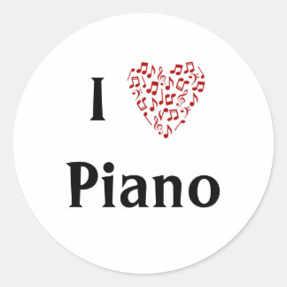 Adesivo Redondo Eu Amo Piano Coração Vermelho de Notas Musicais