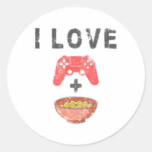 Adesivo Redondo Eu Amo Ramen E Jogos Divertido Retro Noodles Gamer