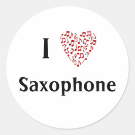 Adesivo Redondo Eu Amo Saxofone Coração Vermelho de Notas Musicais