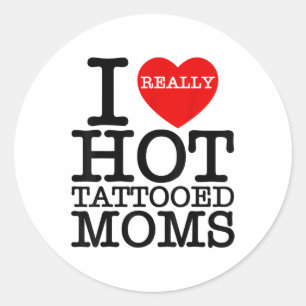 Adesivo Redondo Eu Amo Tatuagens Quentes Mães Coração Vermelho Eng
