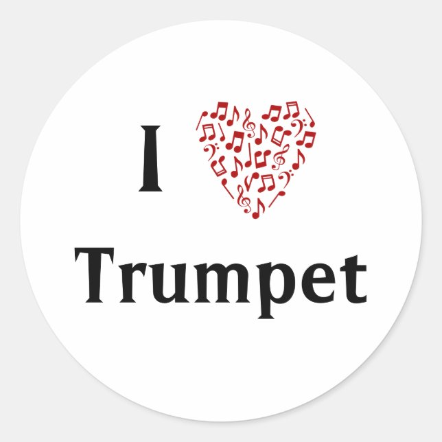 Adesivo Redondo Eu Amo Trompete Coração Vermelho de Notas Musicais (Frente)