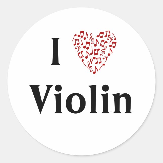 Adesivo Redondo Eu Amo Violino Coração Vermelho de Notas Musicais (Frente)