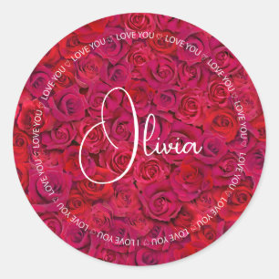 Adesivo Redondo Eu Amo Você Nome Personalizado Rosas Vermelhas Amo