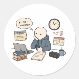 Adesivo Redondo Eu Farei Amanhã Meme Engraçado de Procrastinação
