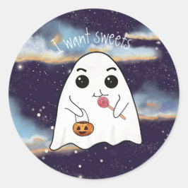 Adesivo Redondo Eu quero doces o fantasma bonitinho do Halloween à