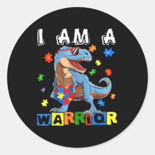 Adesivo Redondo Eu Sou Um Guerreiro Autismo Sensibilização Dinossa