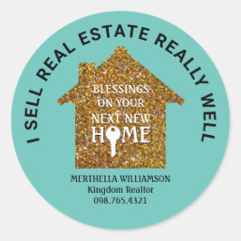 Adesivo Redondo EU VENDO REAL ESTATE Na moda Teal Glitter Realtor