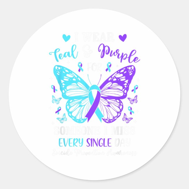 Adesivo Redondo Eu Visto Teal &amp; Prevenir Suicídio Púrpura Awar (Frente)