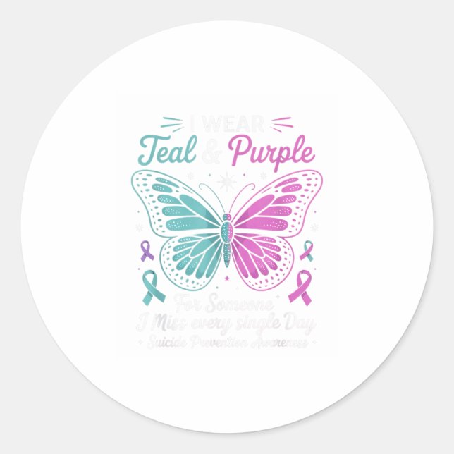 Adesivo Redondo Eu Visto Teal &amp; Prevenir Suicídio Púrpura Awar (Frente)