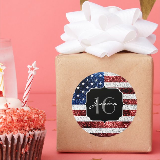 Adesivo Redondo EUA bandeira vermelho azul brilho brilho branco do (Festa)