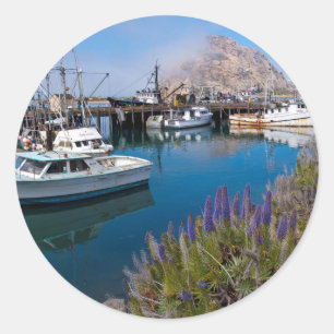 Adesivo Redondo EUA, Califórnia. Barcos Atracados em Morro Bay