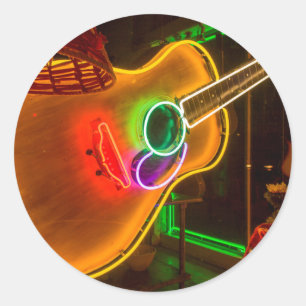 Adesivo Redondo EUA, Texas, Austin. Guitarra Neon em Chantagem