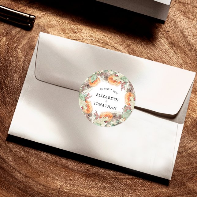 Adesivo Redondo Eucalipto Botânico Laranjas Rosas Florais Casament (Criador carregado)