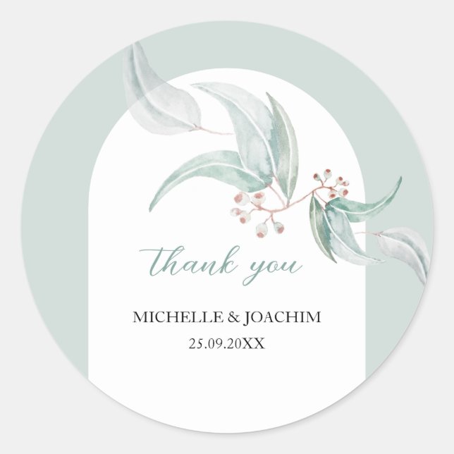 Adesivo Redondo Eucalipto Elegante Com Flores De Arte De Aquarela (Frente)