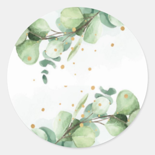 Adesivo Redondo Eucalipto Elegante e Dourado - Acentos de Casament (Frente)