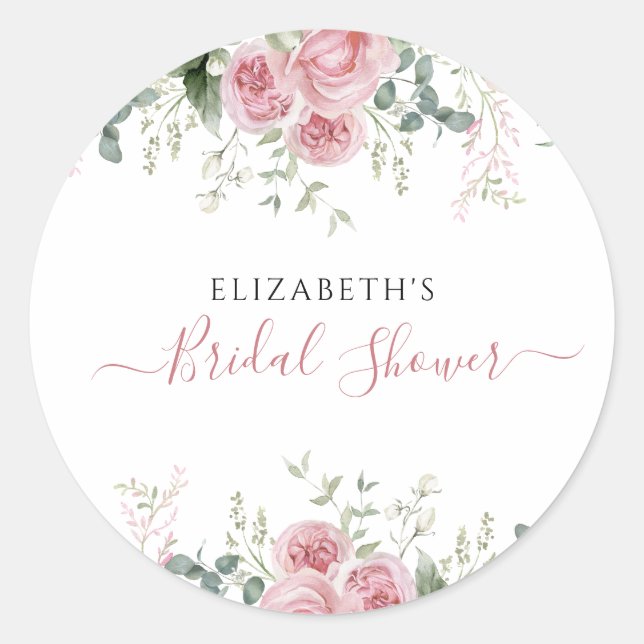 Adesivo Redondo Eucalipto Elegante e Rosas Rosa Convidam (Frente)