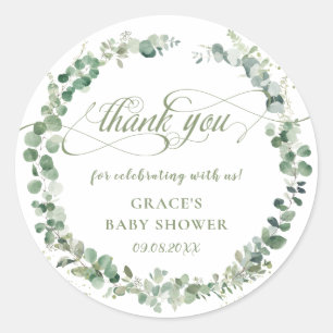 Adesivo Redondo Eucalipto Verdura Baby Shower Obrigado Favor