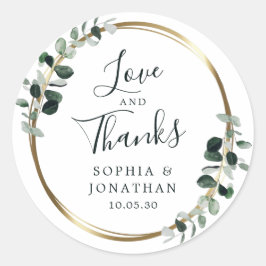Adesivo Redondo Eucalyptus Dourado Casamento Metálico Favor Obriga
