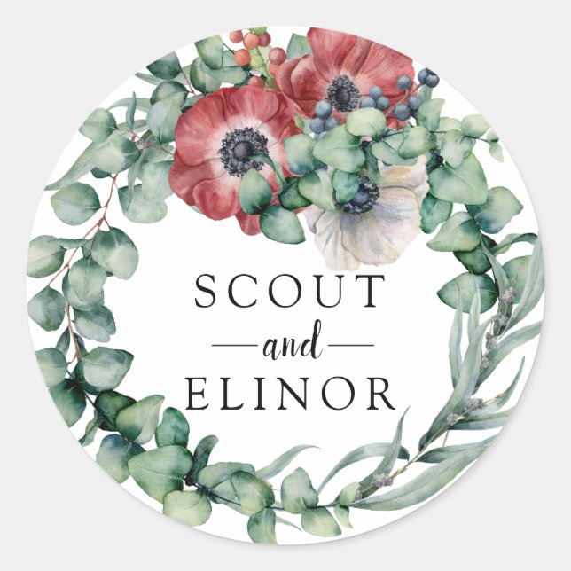Adesivo Redondo Eucalyptus e Red Floral Weding Favor (Frente)