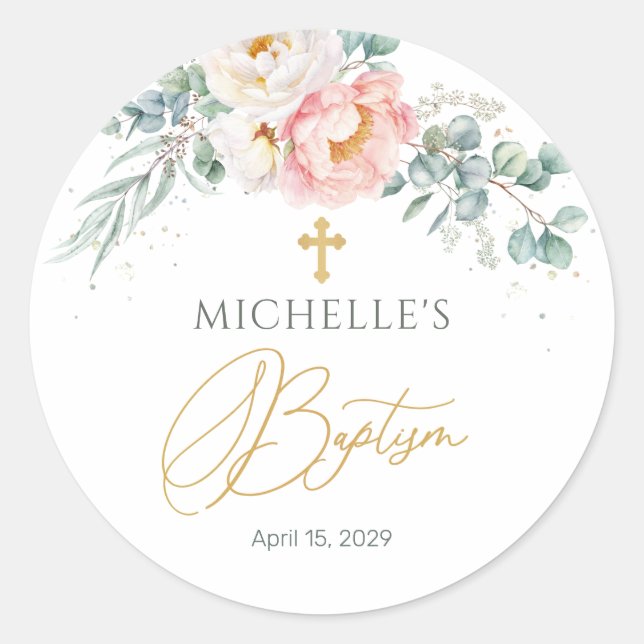 Adesivo Redondo Eucalyptus Floral Cross Baptism Sticker (Frente)