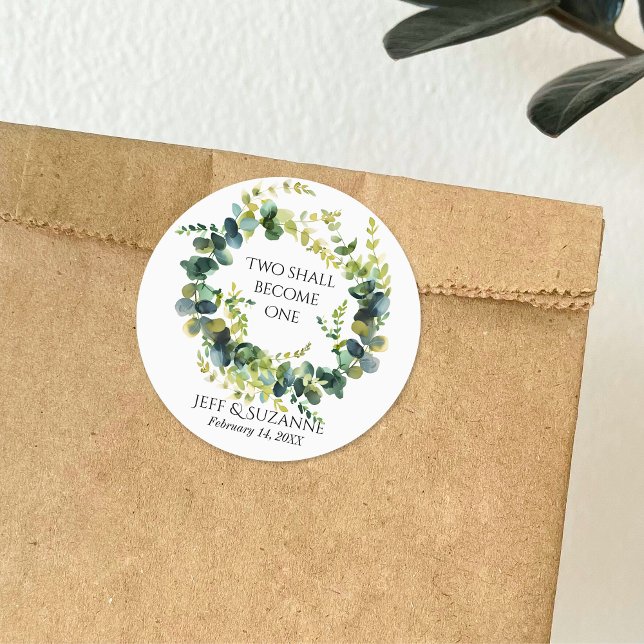 Adesivo Redondo Eucalyptus Floral Wreath Dois Torna-Se Um Casament (Eucalyptus Floral Wreath Two Become One Wedding Classic Round Sticker)