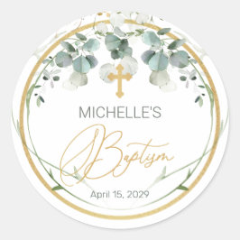 Adesivo Redondo Eucalyptus Foliage Cross Baptism Sticker