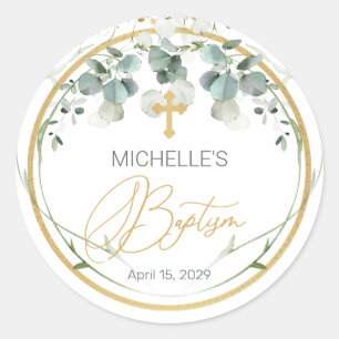 Adesivo Redondo Eucalyptus Foliage Cross Baptism Sticker