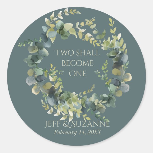 Adesivo Redondo Eucalyptus Green Wreath Dois Torna-Se Um Casamento (Frente)