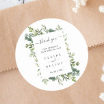 Adesivo Redondo Eucalyptus Green Wreath Weding Obrigado<br><div class="desc">Esta obrigado de casamento que você cola mostra cor d'água eucalipto,  folhas verdes e coroa botânica. Para personalização mais avançada deste design,  clique no link "Personalizar mais". Itens correspondentes também estão disponíveis.</div>