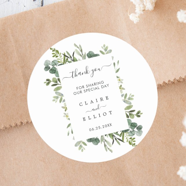 Adesivo Redondo Eucalyptus Green Wreath Weding Obrigado (Criador carregado)