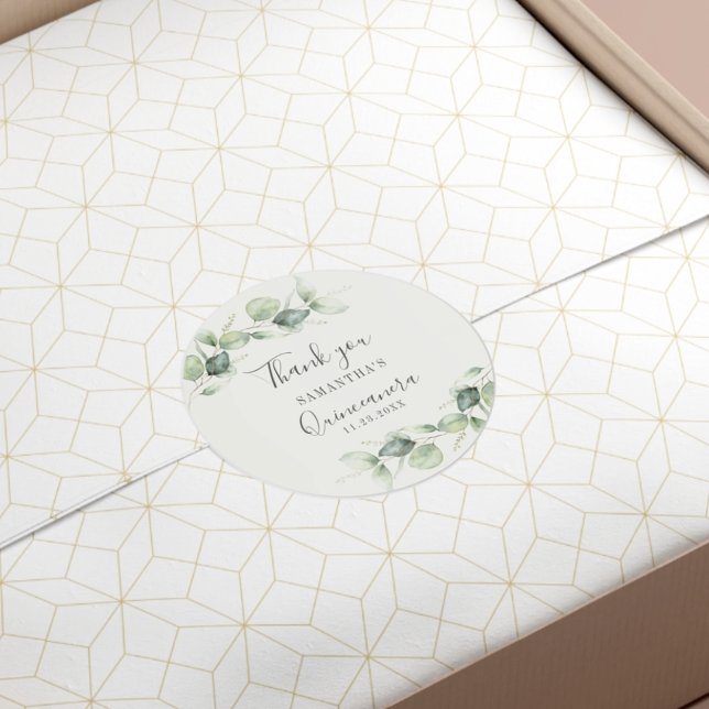 Adesivo Redondo Eucalyptus Quinceanera 15 Birthday Greenery (Watercolor Eucalyptus Greenery Quinceanera Classic Round Sticker)