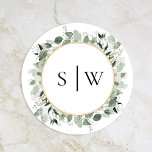 Adesivo Redondo Eucalyptus Sage Monograma de Casamento<br><div class="desc">Esse selo de monograma do casamento do eucalipto é um conjunto de sonhos que incorpora a essência do charme de safra e elegância moderna. Apresentando designs artesanais adornados com eucalipto verde, e rosa florais poeirentos acentuados com bordas geométricas de ouro e tipografia contra um fundo branco brilhante e sábio. Explore...</div>