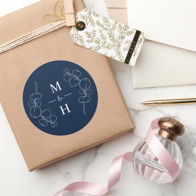 Adesivo Redondo Eucalyptus Springs Monogram Navy Blue Wedding (Presentear)