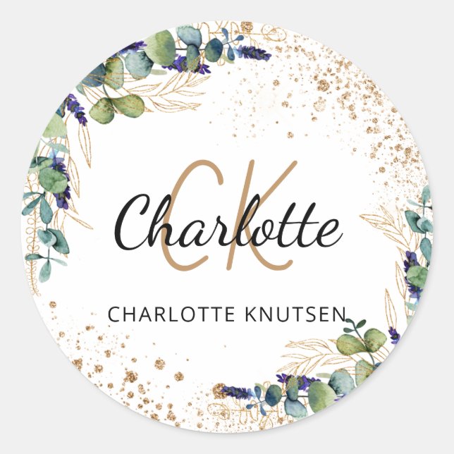 Adesivo Redondo Eucalyptus verde glitter monograma obrigado (Frente)