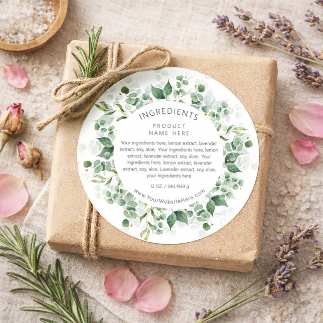 Adesivo Redondo Eucalyptus Watercolor Wreath Ingredients Labels (Eucalyptus Watercolor Wreath Ingredients Labels)