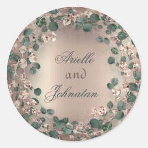 Adesivo Redondo Eucalyptus Wreath Casamento Favor Rosa Verde
