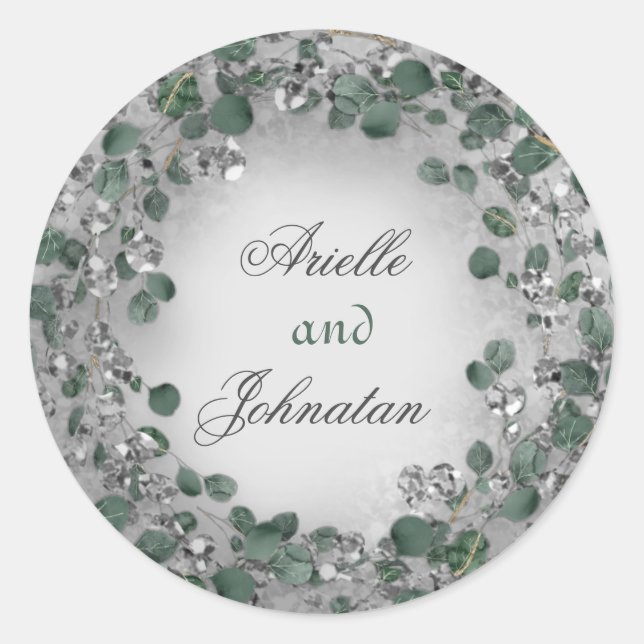 Adesivo Redondo Eucalyptus Wreath Weding Favor Rustic Mint Silver (Frente)