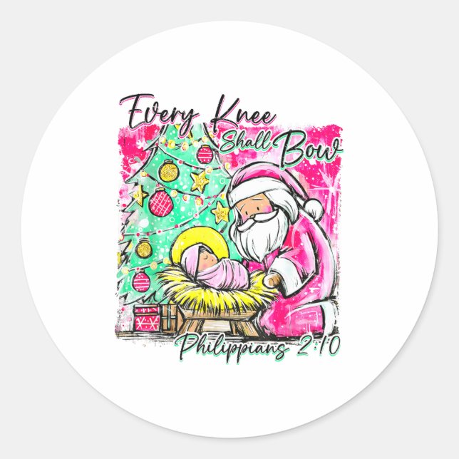 Adesivo Redondo Every Knee Shall Bow Santa Christmas Nativity Scen (Frente)