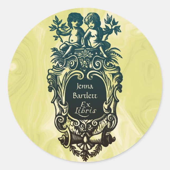 Adesivo Redondo Ex-Libris Cartouche e Cherubs Sticker (Frente)