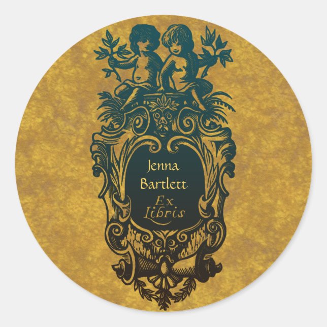 Adesivo Redondo Ex-Libris Cartouche e Cherubs Sticker (Frente)