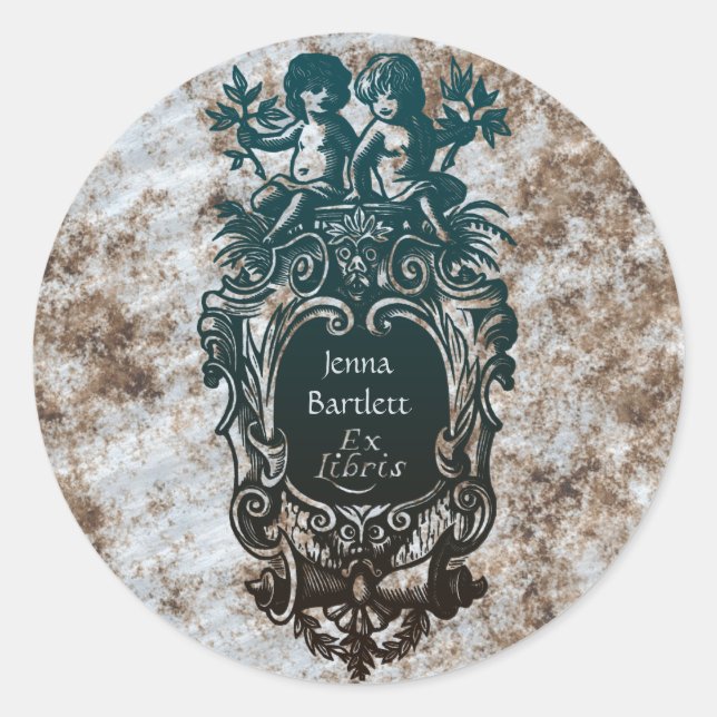 Adesivo Redondo Ex-Libris Cartouche e Cherubs Sticker (Frente)