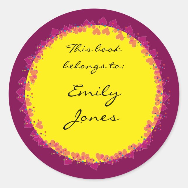 Adesivo Redondo Ex-libris com corações fofos (Frente)