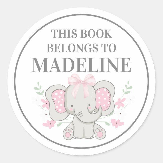 Adesivo Redondo Ex-libris de Elefante Cinza Rosa com Bolinhas Fofo (Frente)