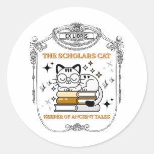 Adesivo Redondo Ex Libris Gato Erudito Dark Academia Vintage Marca
