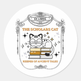 Adesivo Redondo Ex Libris Gato Erudito Dark Academia Vintage Marca