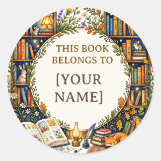 Adesivo Redondo Ex-libris Personalizado da Floresta da Biblioteca