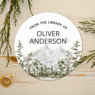 Adesivo Redondo Ex-libris Personalizado de Floresta de Montanha em