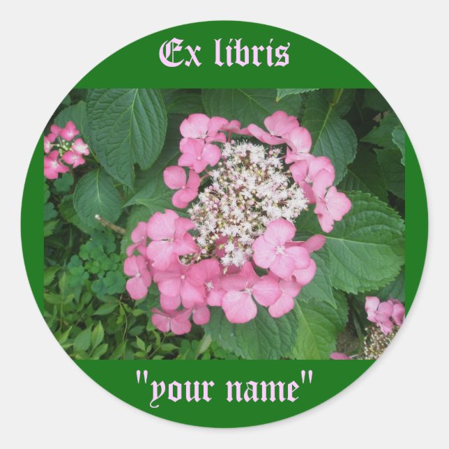 Adesivo Redondo Ex Libris Pink Hydrangea Stickers para Personaliza (Frente)