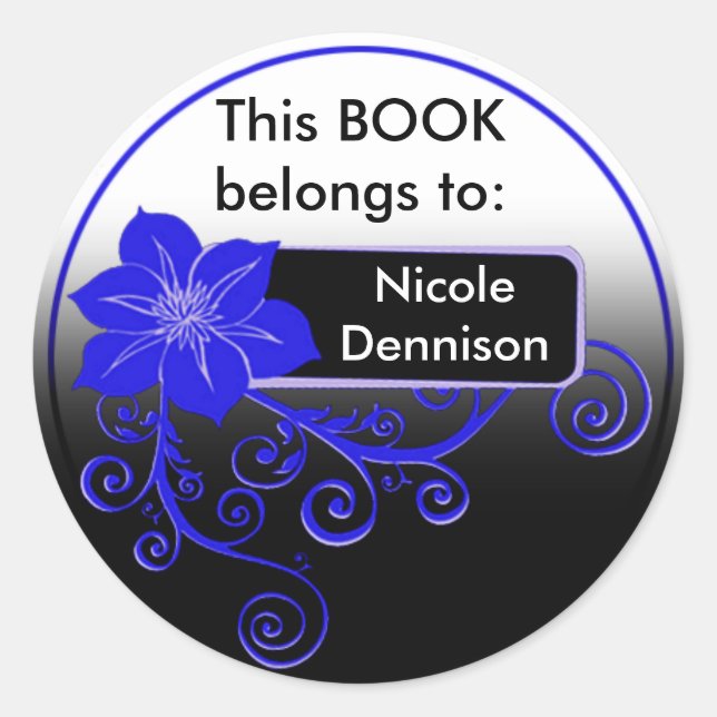 Adesivo Redondo Ex-Libris Sticker (azul floral) (Frente)