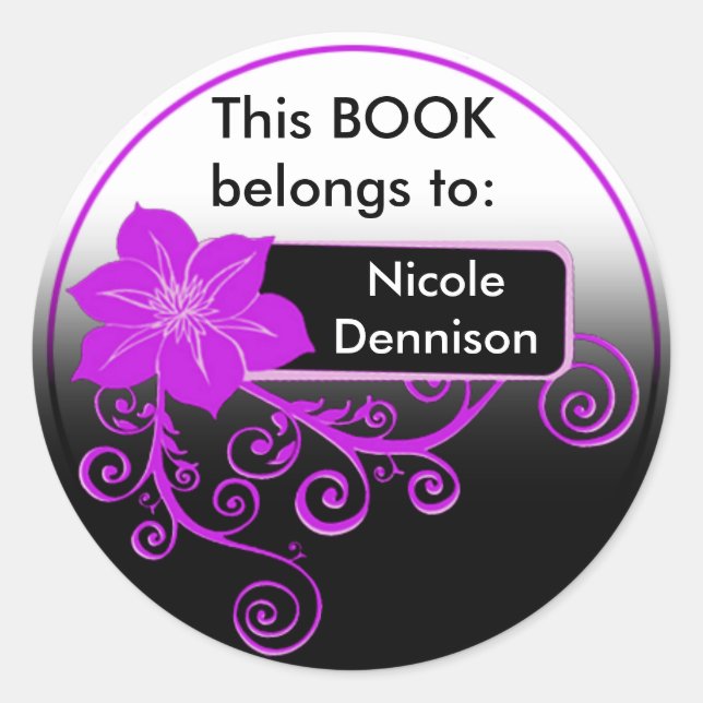 Adesivo Redondo Ex-Libris Sticker (roxo floral) (Frente)